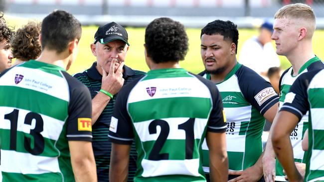 Sunnybank coach and players at half time. Picture, John Gass