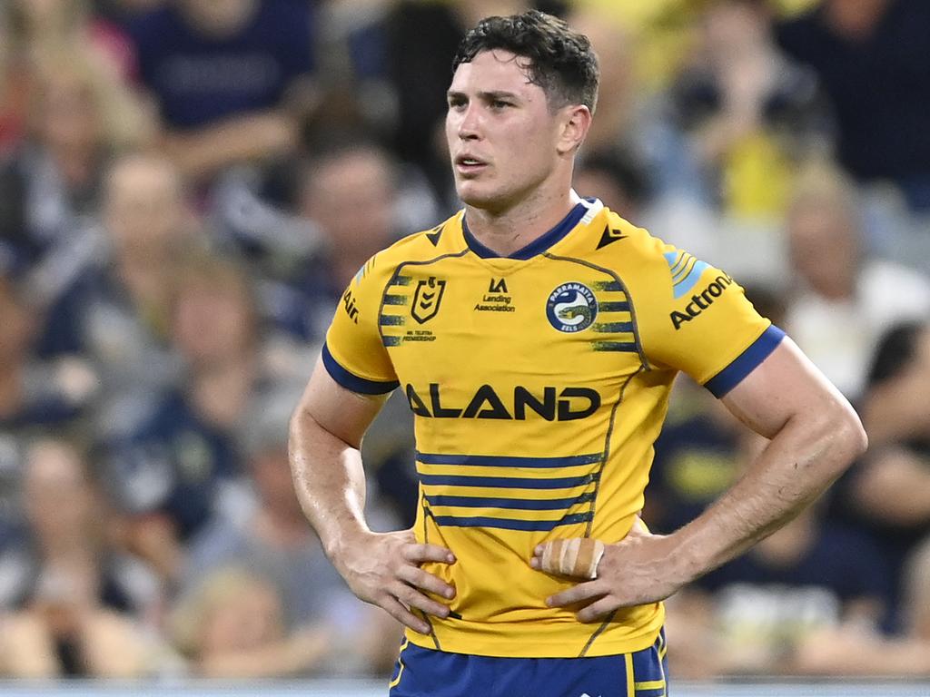 Mitchell Moses got on the Eels’ charter plane and jetted straight home to Sydney in the early hours of Saturday morning to spend time with his new family member after playing into a grand final berth in Townsvillw on Fridaty night. Picture: Ian Hitchcock/Getty Images