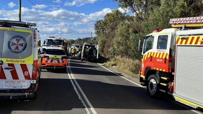 A head on crash between a ute and hatchback on Mona Vale Rd at Ingleside on August 10, 2023, left three people, including an elderly couple, in Royal North Shore Hospital. Picture: Terrey Hills Rural Fire Service