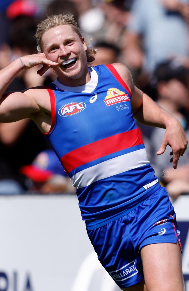 Cody Weightman celebrates a goal on the weekend. Picture: Dylan Burns/AFL Photos