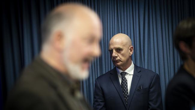 Premier Peter Gutwein listens to Director of Public Health Mark Veitch giving an update on new border measures with Victoria due to their COVID-19 outbreak on Wednesday, 8 July 2020. Picture: LUKE BOWDEN