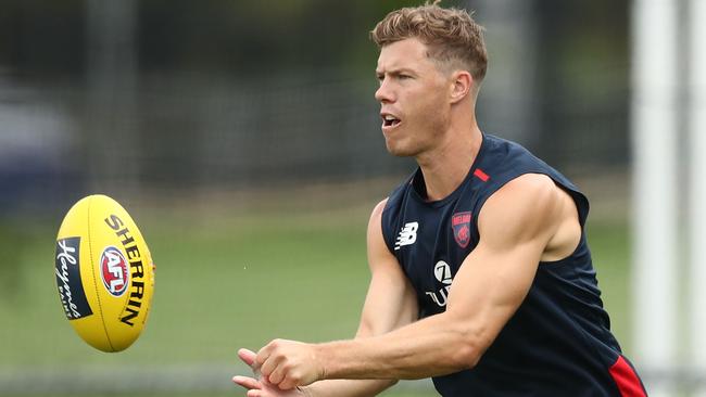 Melbourne forward Jake Melksham completed a light training session on Friday as he continues his recovery from ankle surgery and hamstring tightness. Picture: Scott Barbour/Getty Images