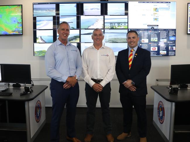 Steve Pearce, (right) CEO of Surf Life Saving NSW, Andrew Urgarte, (centre) manager of the State Operations Centre, and Joel Wiseman, Director of Life Saving, at the official opening of the new State Operations Centre at Belrose. Picture: Supplied