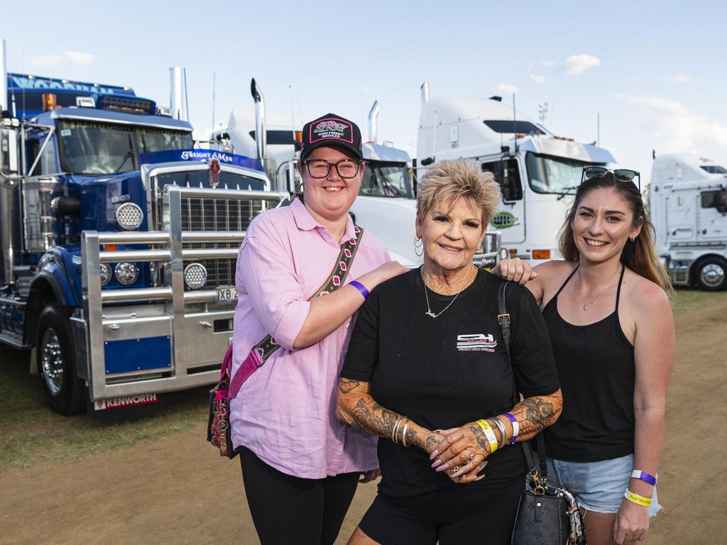 At Lights on the Hill Trucking Memorial are (from left) Mollie McLachlan, Julie Robbinson and Tegan Nicholson at Gatton Showgrounds, Saturday, October 5, 2024. Picture: Kevin Farmer