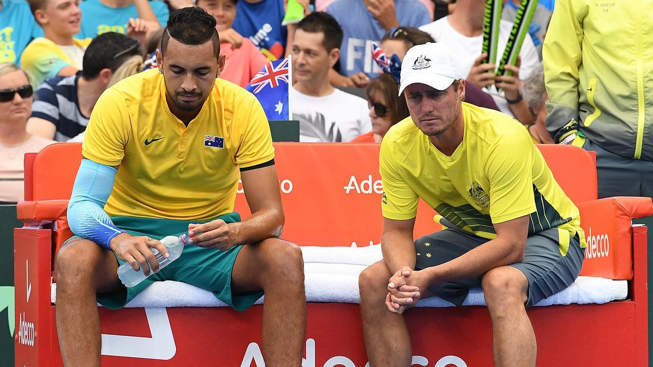 Nick Kyrgios and Lleyton Hewitt during a Davis Cup tie last year. (AAP Image/Dave Hunt)