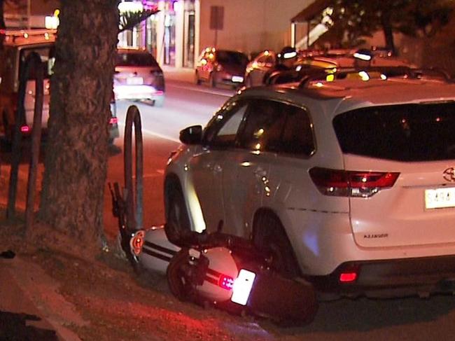 A young Harley-Davidson rider has died after a horror crash at Henley Beach. Police say the motorcycle collided with a Toyota then crashed into a tree on Seaview Road. Picture: 7NEWS