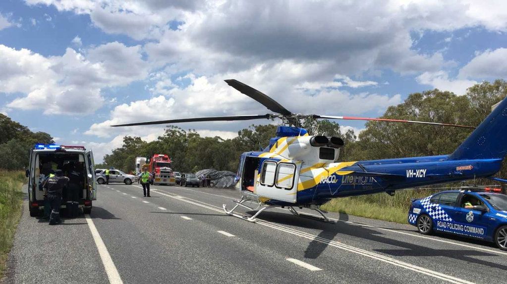 A man was airlifted to hospital after a three-vehicle crash on the New England Highway, south of Toowoomba. Picture: RACQ LifeFlight Rescue