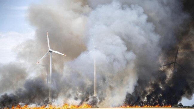 A field at an onshore wind farm caught fire near the town of Zörbig, eastern Germany. Picture: AP/The Times