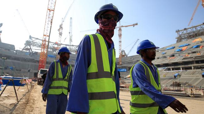 Construction workers at the Lusail Stadium in Lusail, Qatar. Picture: Getty Images