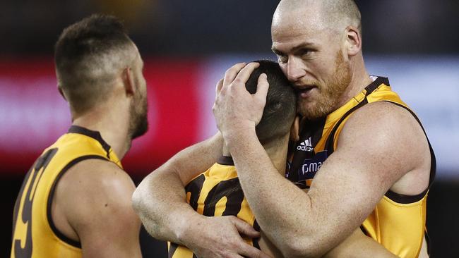 Jarryd Roughead of the Hawks celebrates a goal with Paul Puopolo