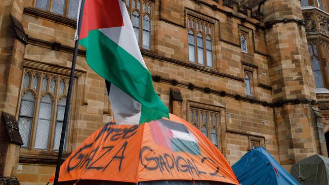 A pro-Palestine tent camp at Sydney University. There is a world in which such a discussion of ‘one state’ could happen, but it’s not the world in which we are living. Picture: NewsWire / Max Mason-Hubers