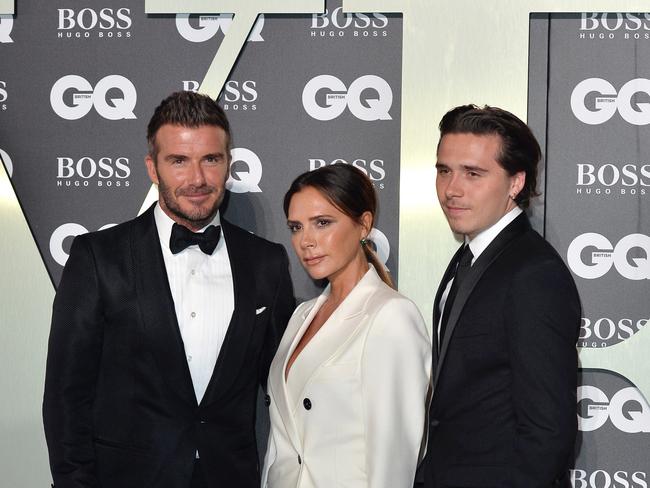 David Beckham, Victoria Beckham and their son Brooklyn Beckham pictured in 2019. Brooklyn did not attend his father’s 50th birthday. Picture: Getty Images