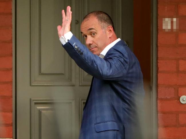 Then NAB chief executive Andrew Thorburn waves goodbye after resigning in 2019 following the royal commission. Picture: Stuart McEvoy