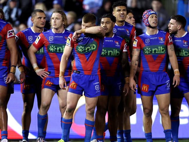 SYDNEY, AUSTRALIA - AUGUST 18: Knights players react during the round 24 NRL match between Cronulla Sharks and Newcastle Knights at PointsBet Stadium, on August 18, 2024, in Sydney, Australia. (Photo by Brendon Thorne/Getty Images)