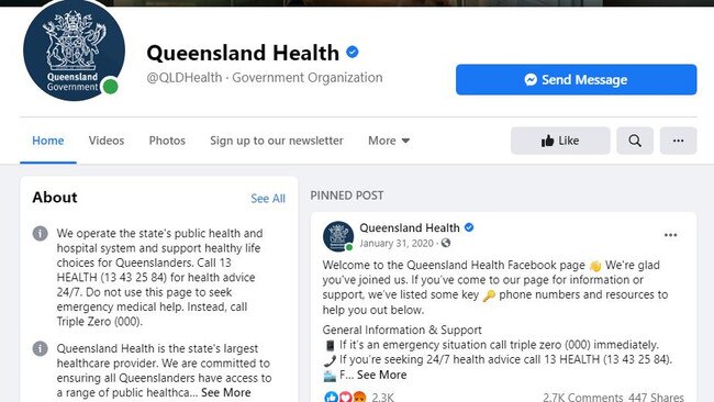 The Queensland Health Facebook page is back online