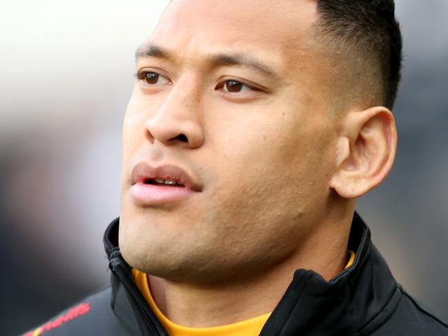 HULL, ENGLAND - MARCH 01: Israel Folau of Catalan Dragons warms up prior to  the Betfred Super League match between Hull FC and Catalan Dragons at KCOM Stadium on March 01, 2020 in Hull, England. (Photo by Nigel Roddis/Getty Images)