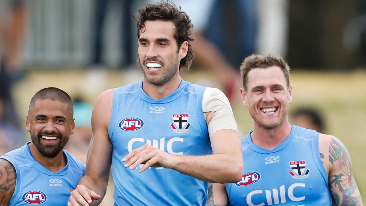 Max King (four goals) and Tim Membrey (right, three goals) starred against Essendon in a practice match at Moorabbin as both relish uninterrupted pre-seasons and a chance to play in round 1. Picture: Dylan Burns / Getty Images