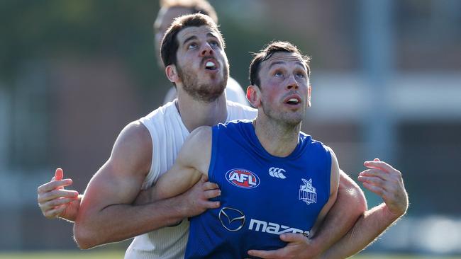 Todd Goldstein, front, competes with teammate Tristan Xerri at North Melbourne training. Picture: Michael Willson/AFL Photos