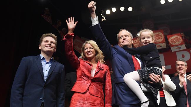 Leader of the Opposition Bill Shorten, wife Chloe and children Rupert and Clementine at the Labor campaign launch. Picture: Mick Tsikas/AAP