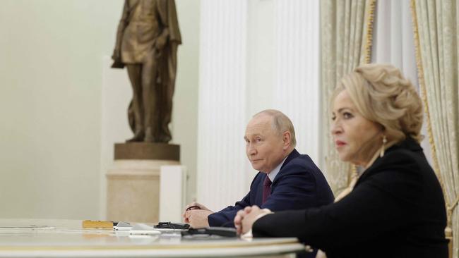 Russia's President Vladimir Putin with Valentina Matviyenko, the head of the upper house of parliament. Picture: AFP