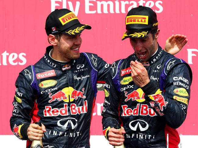 Vettel congratulates Ricciardo after his maiden F1 win in Canada.