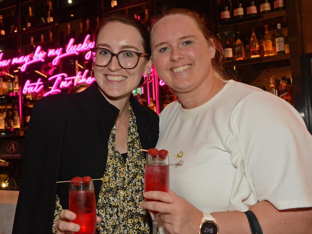 Brooke Mallard and Adrienne Peers at the YPGC cocktail party in the Atrium Bar, The Star Gold Coast. Picture: Regina King.