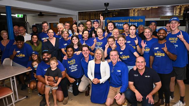 Ms James celebrates with supporters at her post election function at the Stratford Bowls Club on Saturday Evening. Picture Emily Barker.