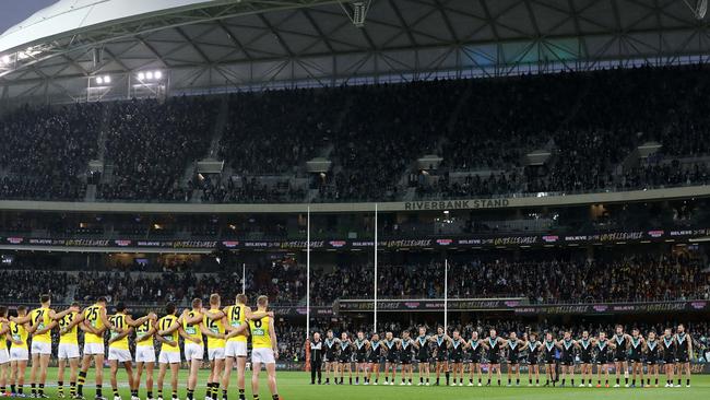 A full house at Adelaide Oval — as for last year’s preliminary final — provides an electric atmosphere.