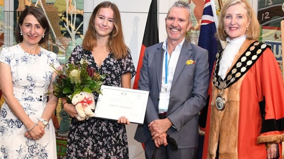 Sophia was named 2019 Willoughby Young Citizen of the Year and is pictured with NSW Premier Gladys Berejiklian, CEO Guide Dogs NSW/Act Dale Cleaver and Willoughby Mayor, Gail Giles-Gidney. 