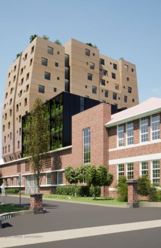 Renders of the planned reUNION District, the redevelopment of the mostly vacant TasTAFE Launceston campus, 10-16 Wellington St. Picture: DKO/ Red Panda Property Group