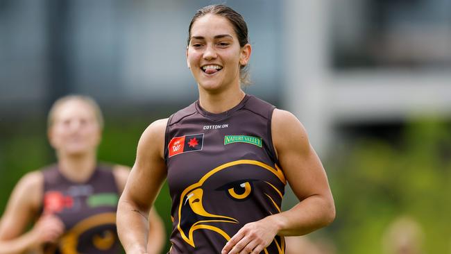 At 174cm, Mattea Breed was spending time in the ruck in 2023 before the Hawks decided to unleash her as an inside midfielder this season. Picture: Dylan Burns / Getty Images