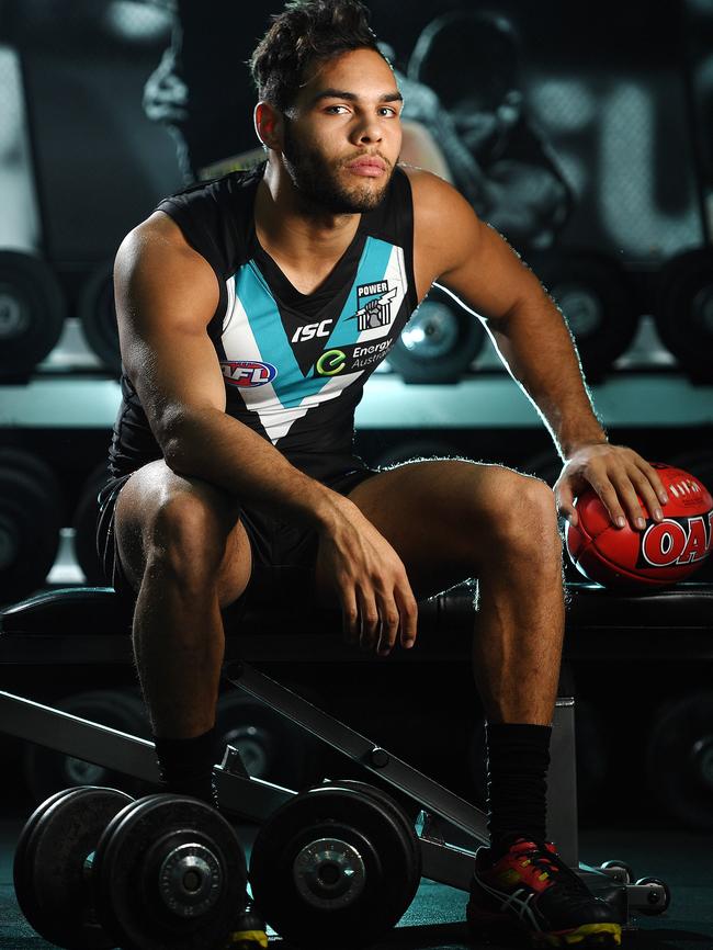 Port Adelaide player Jarman Impey in the team’s gym at Alberton. Picture: Tom Huntley