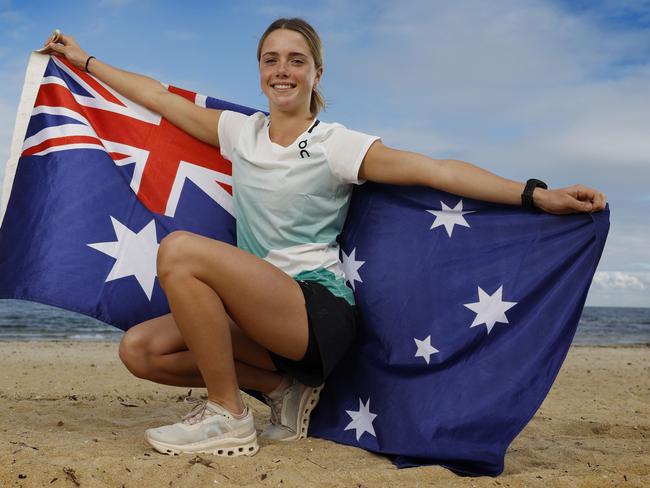 Melbourne 800m runner Claudia Hollingsworth helps mark 100 days to go until the Paris Olympics. Picture: Michael Klein