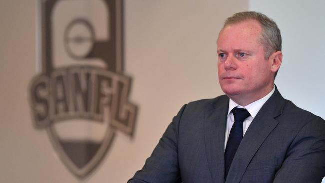 SANFL CEO Jake Parkinson speaks to the media at Adelaide Oval in September after announcing sanctions against North Adelaide for fielding 19 players in the 2018 preliminary final. Picture: AAP Image/David Mariuz