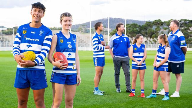 Mount Barker Football Club players Samuel Callins and Jardel Barker at the football ground, with Jordan Houlahan, club president Matt Schultz, Taya Rogers, Emma Faber-Paul and senior coach Daniel Lackenby. Picture: Morgan Sette