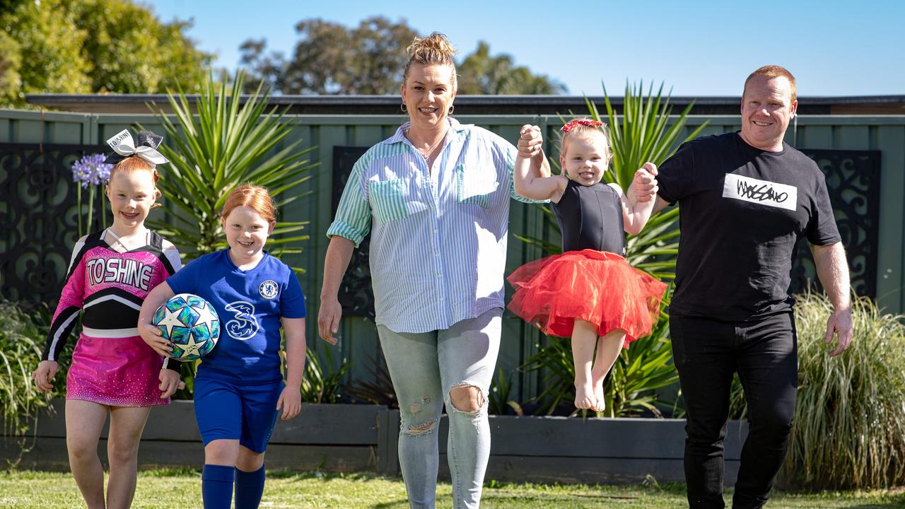 The Lynch family: Father Glenn and mother Leah, with their children Taylor, 8, Mackenzie, 6, and Tilly, 3. Picture: Julian Andrews