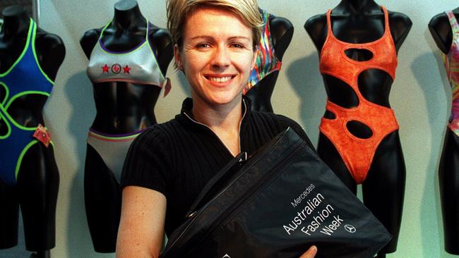 Lorna-Jane Clarkson with some of her swimwear designs at Australian Fashion Week in Sydney in 2007.