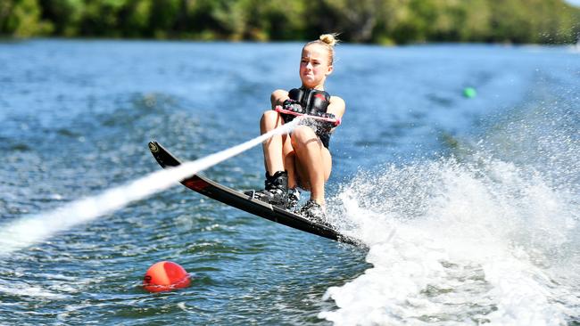 Brisbane's Kristy Appleton 13, during a practice run at the Townsville Water Ski Club ahead of the CrocRun. Picture: Alix Sweeney