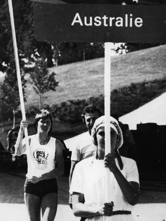 Athlete Raylene Boyle with Australian team manager Phil Coles during the dress rehearsal of 1976 Montreal Olympic Games opening ceremony. Picture: Barrie Ward.