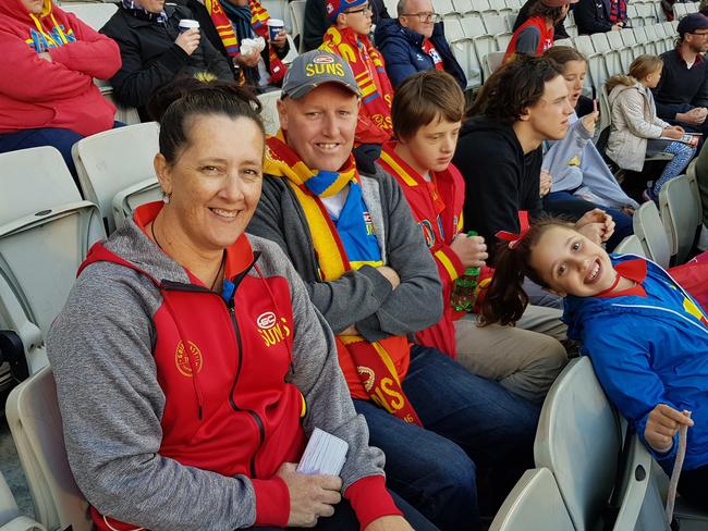 Cherrene Palmer with partner Jamie Palmer and children Bailey, Jackson, Cody and Yasmin at the Gold Coast Suns Round 20 AFL game against Melbourne. Picture: Supplied.