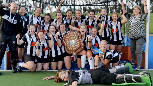 Port Adelaide Premier League women’s hockey side celebrates after winning the 2020 grand final. Picture: Dean Martin