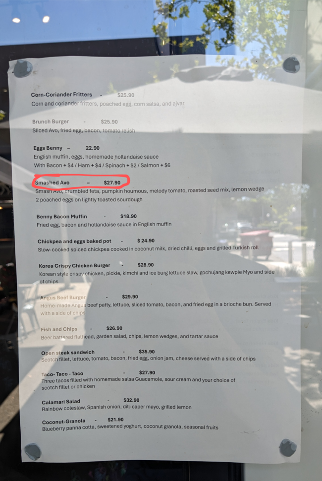 A Melbourne cafe charges $27.90 for smashed avo on toast. Picture: Reddit