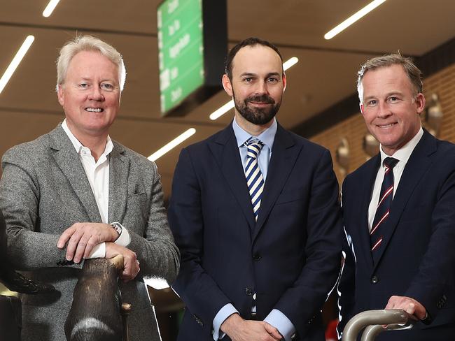 Tourism Tasmania chief John Fitzgerald, left, with Virgin Australia's Russell Shaw, and Tasmanian Premier Will Hodgman announcing direct flights between Hobart and Perth recently. Picture: LUKE BOWDEN