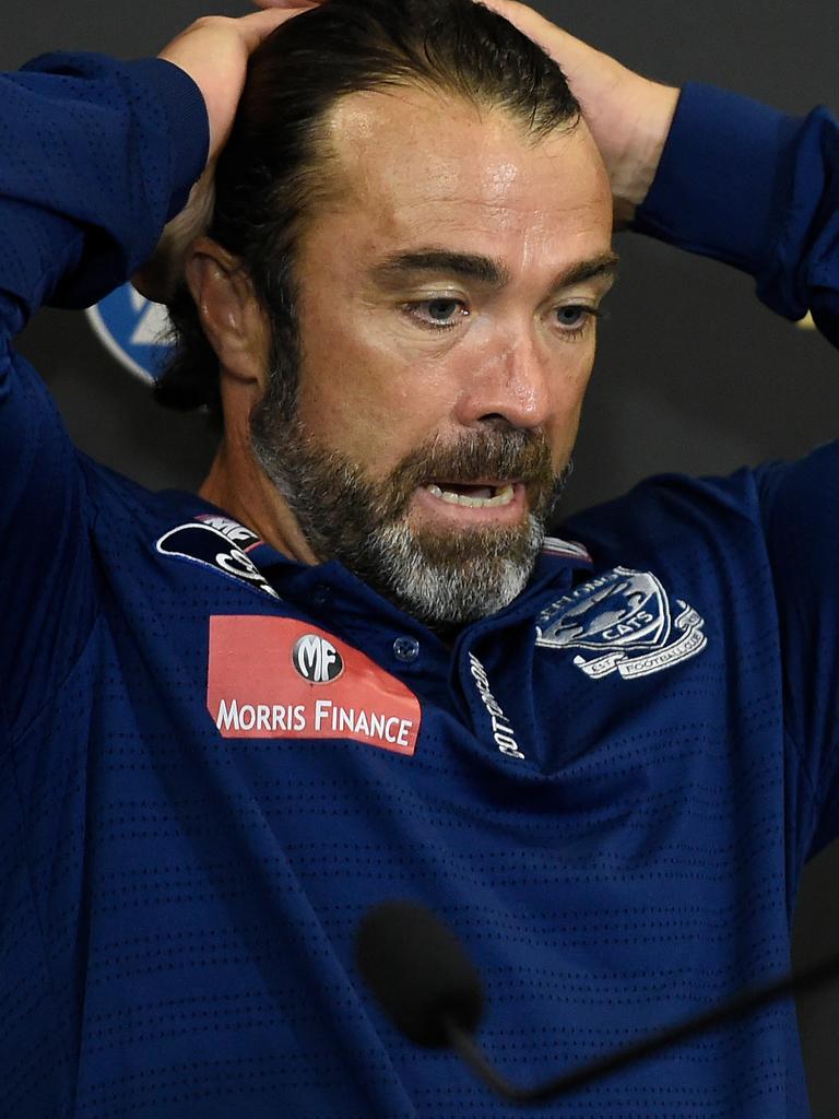 Chris Scott was a shattered man after the game. (Photo by Matt Roberts/AFL Photos/via Getty Images)