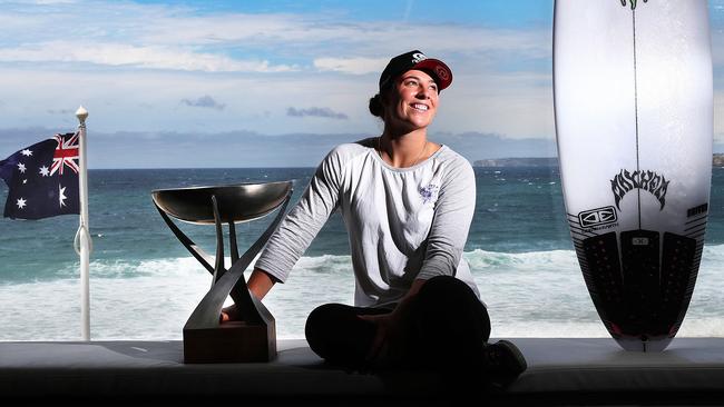 Two-time WSL champion Tyler Wright with her 2017 trophy. Pic: Phil Hillyard