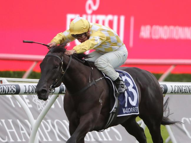 SYDNEY, AUSTRALIA - APRIL 01: Tim Clark riding Major Beel wins Race 9 Australian Derby in 