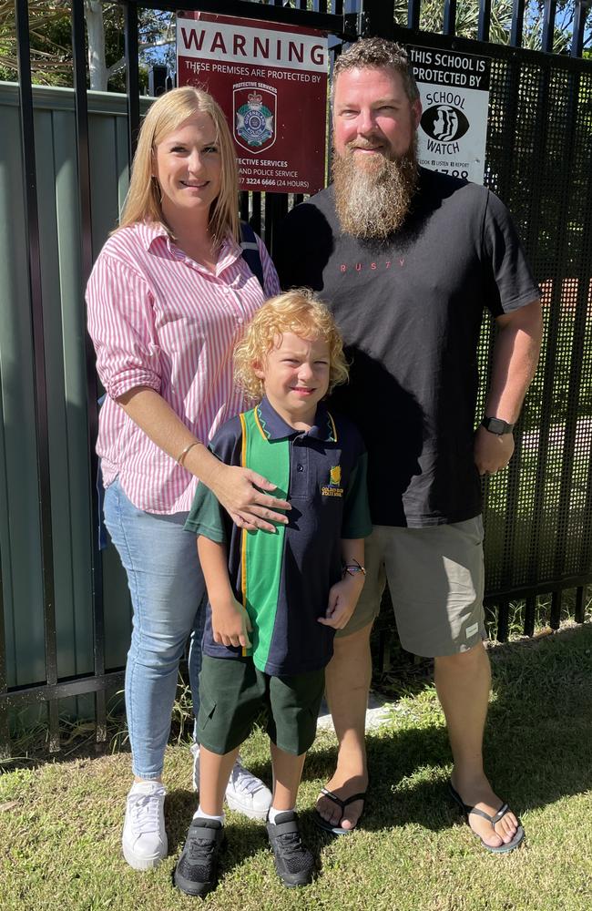 Nikita, Charlie, and John on Charlie's first day of school at Golden Beach State School. Picture: Iwan Jones