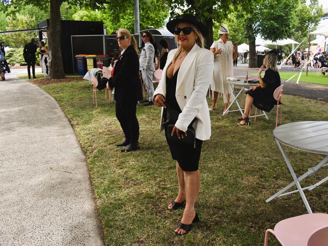 Guests in striking racewear at Penfolds Derby Day at the Flemington Racecourse on Saturday, November 02, 2024: Amanda Mills. Picture: Jack Colantuono