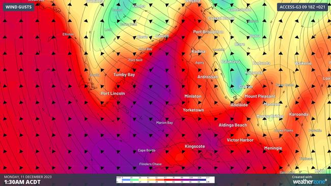 Wind gusts expected in the early hours of Monday morning. Red and purple indicate strong winds. Picture: Weatherzone.