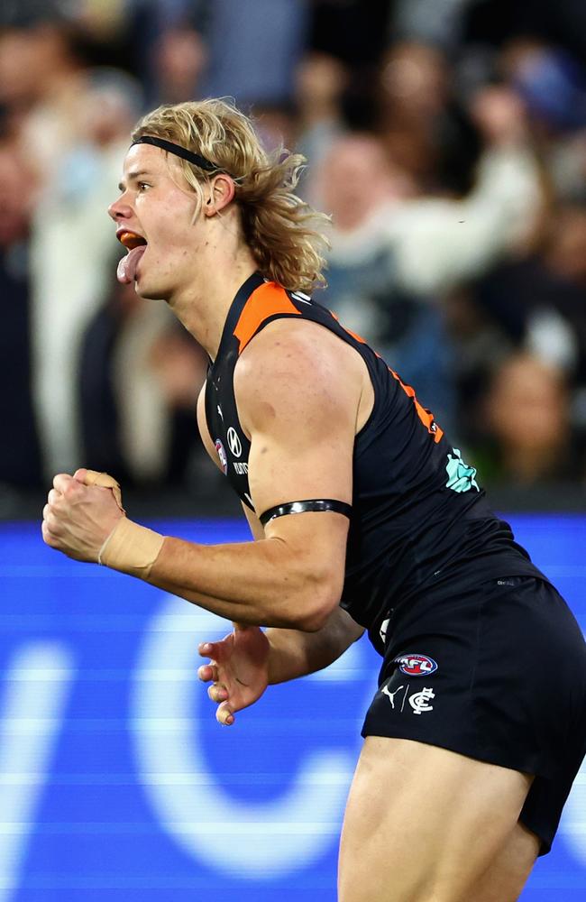 Tom De Koning of the Blues celebrates kicking a goal. (Photo by Quinn Rooney/Getty Images)